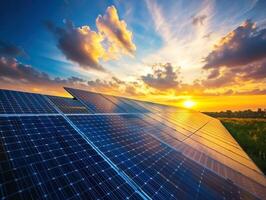 Solar panels capture sunset light in a rural landscape photo