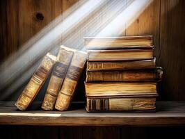 Old leather-bound books illuminated by sunlight in a rustic setting photo