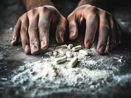 Hands with pills on dark surface show urgency and distress photo