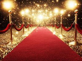 Glamorous red carpet entrance with golden lights and ropes photo
