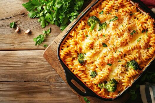 delicioso horneado pasta con brócoli en un de madera mesa monitor foto