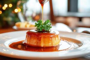 Delicious dessert served on elegant plate with caramel drizzle photo