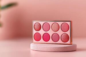 Blush palette and compact mirror elegantly arranged on a soft beige background with perfect lighting for product showcase, product marketing or display photo