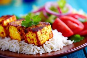 Delicious paneer tikka masala served with fresh vegetables and fragrant rice on a light backdrop. Savor the rich flavors of paneer tikka masala accompanied by vibrant salad and fluffy rice photo