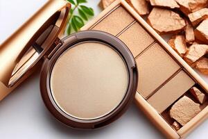 Stunning crushed rose gold eyeshadow pigment showcasing metallic shimmer on a neutral creamy surface with scattered texture details. Crushed rose gold eyeshadow pigment glistens with metallic shimmer photo