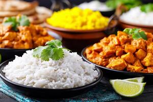 Delicious paneer tikka masala served with fresh vegetables and fragrant rice at a street food market. Savor the rich flavors of paneer tikka masala accompanied by vibrant salad and fluffy rice photo
