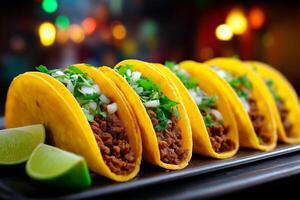 Delicious Mexican tacos served at a vibrant street food market in the evening with soft focus background. Tacos filled with savory meat are neatly arranged on platter in a bustling street food market photo