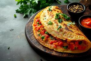 Delicious masala dosa served with chutney and spices on a wooden board in a cozy setting. Masala dosa, a popular Indian cuisine dish, with vibrant chutney and an array of spices on a wooden board photo