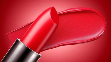 Rich red lipstick smear contrasts beautifully against a warm pink gradient backdrop for high-impact visual appeal. Vibrant red lipstick smear with thick texture rests on red gradient background photo