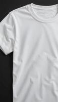 A pristine white tee, subtly draped, showcasing its soft, comfortable texture against a dark background photo