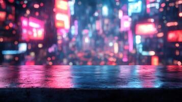Empty wet asphalt surface reflecting futuristic cyberpunk city lights at night photo