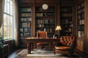 Classic home library with leather furniture invites reading and studying photo