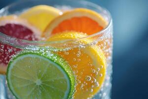 Refreshing citrus fruit slices submerged in sparkling water with bubbles photo
