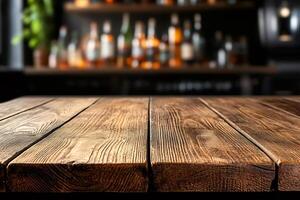 Empty wooden tabletop with blurred bar background for displaying products photo