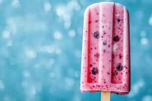 Refreshing pink fruit popsicle melting on a blurred blue background photo