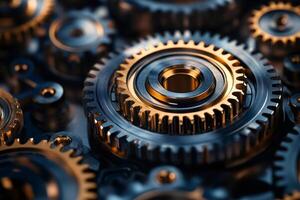 Close up view of interlocking gears working together in perfect harmony. .. photo