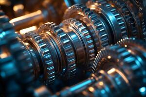 Close up of gears rotating in complex machinery in motion photo