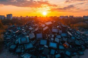 Huge pile of broken televisions and monitors at sunset creating e waste photo