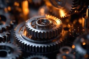Interlocking metal gears rotating smoothly in a complex mechanism.. . photo