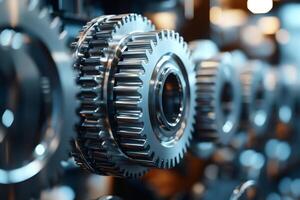 Close up view of interlocking metal gears rotating smoothly in a complex mechanism photo