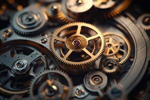 Intricate clockwork mechanism with interlocking gears rotating smoothly photo