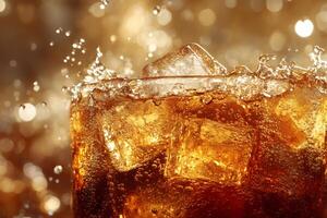 Refreshing carbonated drink with ice cubes splashing on gold background photo