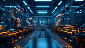 Robotic arms working on assembly line in modern factory. .. photo