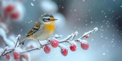 Small bird perching on snowy branch with red berries during snowfall photo
