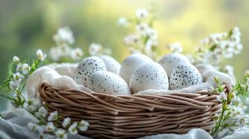 Easter eggs with black dots resting in a wicker basket with white flowers and a green background photo