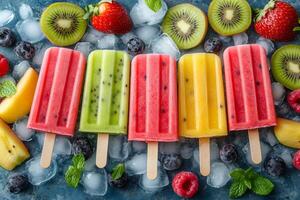 Colorful fruit popsicles with fresh berries and ice cubes lying on a blue background photo