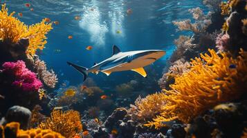 Oceanic whitetip shark swimming in colorful coral reef ecosystem photo