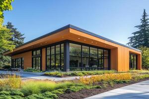 Modern wooden community center building with large windows surrounded by lush landscaping photo