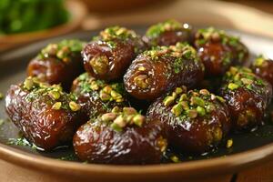 Medjool dates stuffed with pistachios and topped with parsley flakes on a plate photo