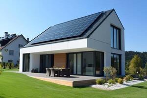 Modern house with solar panels generating green energy on a sunny day photo