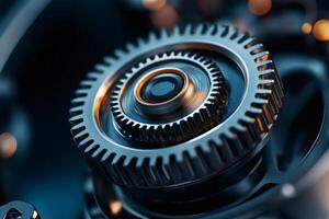 Close up view of interlocking gears rotating smoothly in a complex mechanism photo