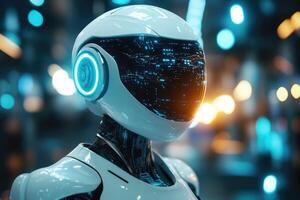 Futuristic robot wearing helmet with head up display in high tech environment photo