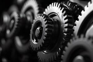 Interlocking metal gears rotating smoothly in a complex mechanism.. photo