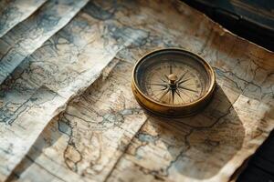 Old compass lying on antique world map showing the way to new adventures photo