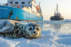 Harp seal pup resting on ice floe with research vessels in background photo