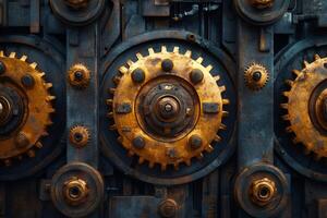 Close up of interlocking gears forming intricate industrial background photo