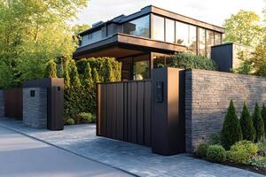 Modern house with automatic gate and intercom system photo
