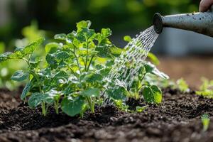 Gardener watering seedlings growing in fertile soil with watering can photo