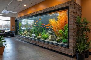 Large aquarium with exotic fish and plants creating a relaxing atmosphere in modern office photo