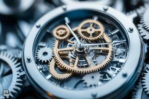 Intricate clockwork mechanism with gears turning and interlocking photo