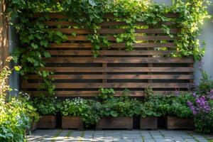 Climbing plants growing on wooden trellis in modern garden photo