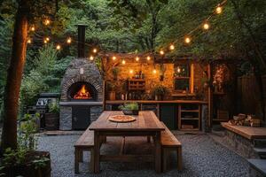 Outdoor kitchen with pizza oven and string lights illuminating backyard dining area photo