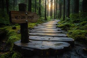 Wooden path leading to west lane covered in moss in a forest at sunset photo