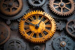 Golden clock showing time while interacting with industrial gears photo