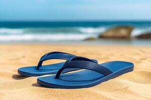 Blue flip flops resting on sandy beach with ocean waves in background photo