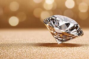 Large diamond shining on gold glitter background with bokeh effect photo
